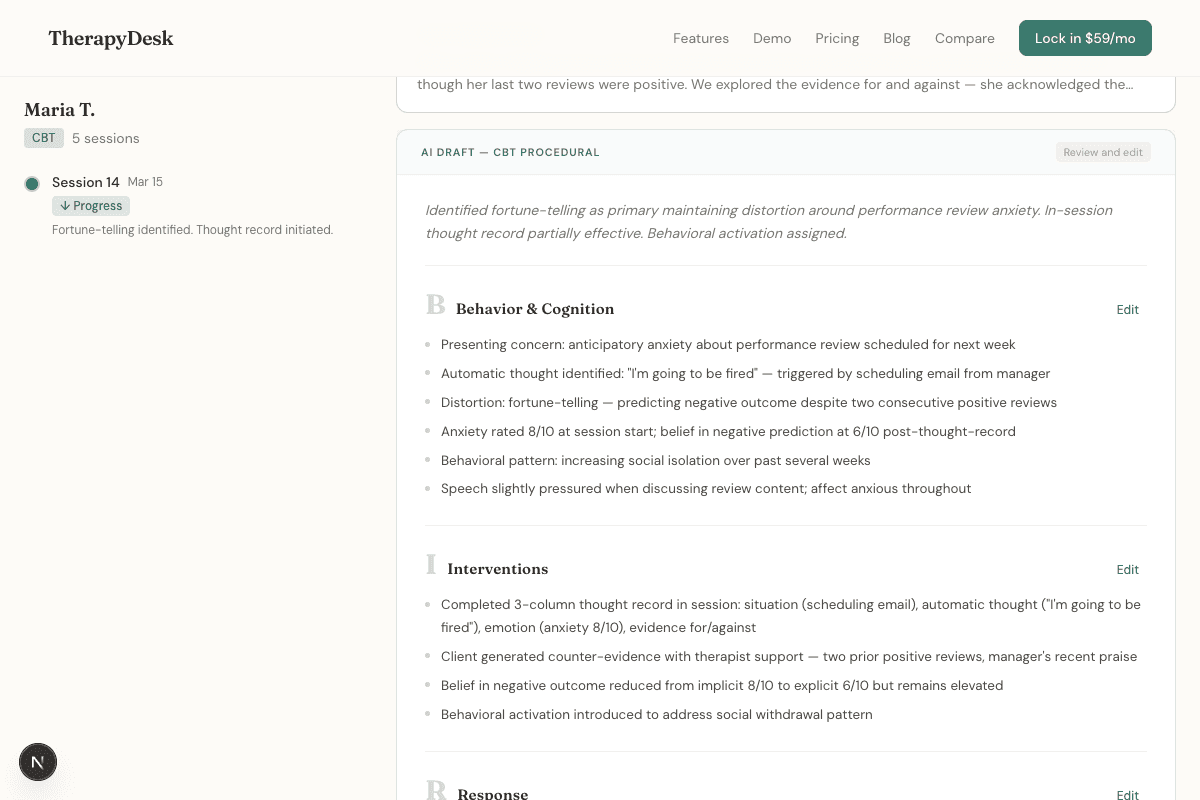 TherapyDesk AI generating a CBT progress note with Behavior & Cognition and Interventions sections